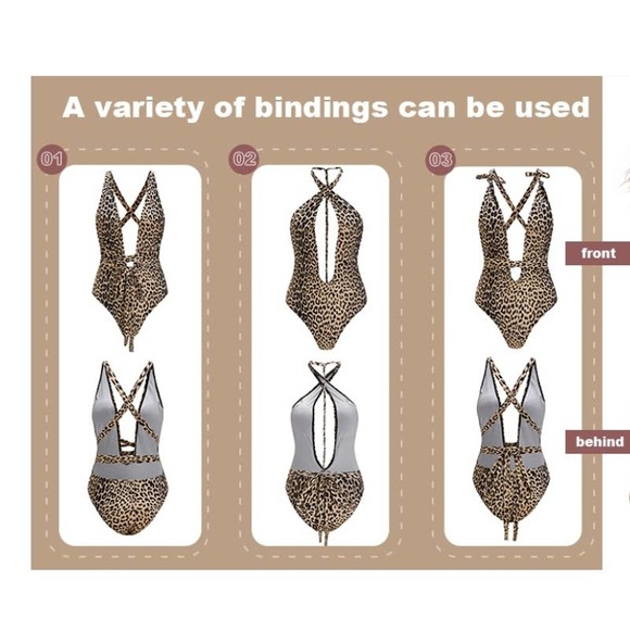 Sexy Criss Cross Tie Knot Front Deep V Open Back Leopard One Piece Swimsuit Lg - Picture 4 of 4